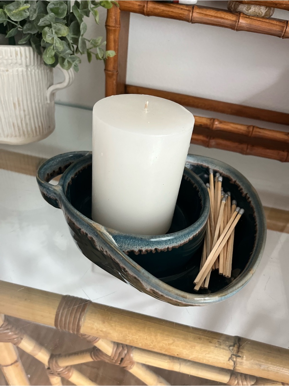 Ceramic Teal Candle Holder with Match Storage